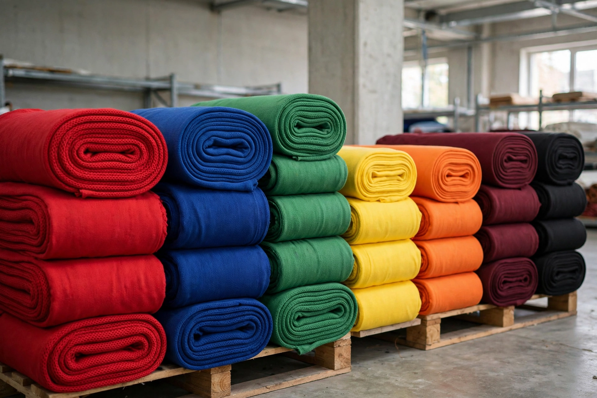 Freshly dyed knit fabric rolls in many colours