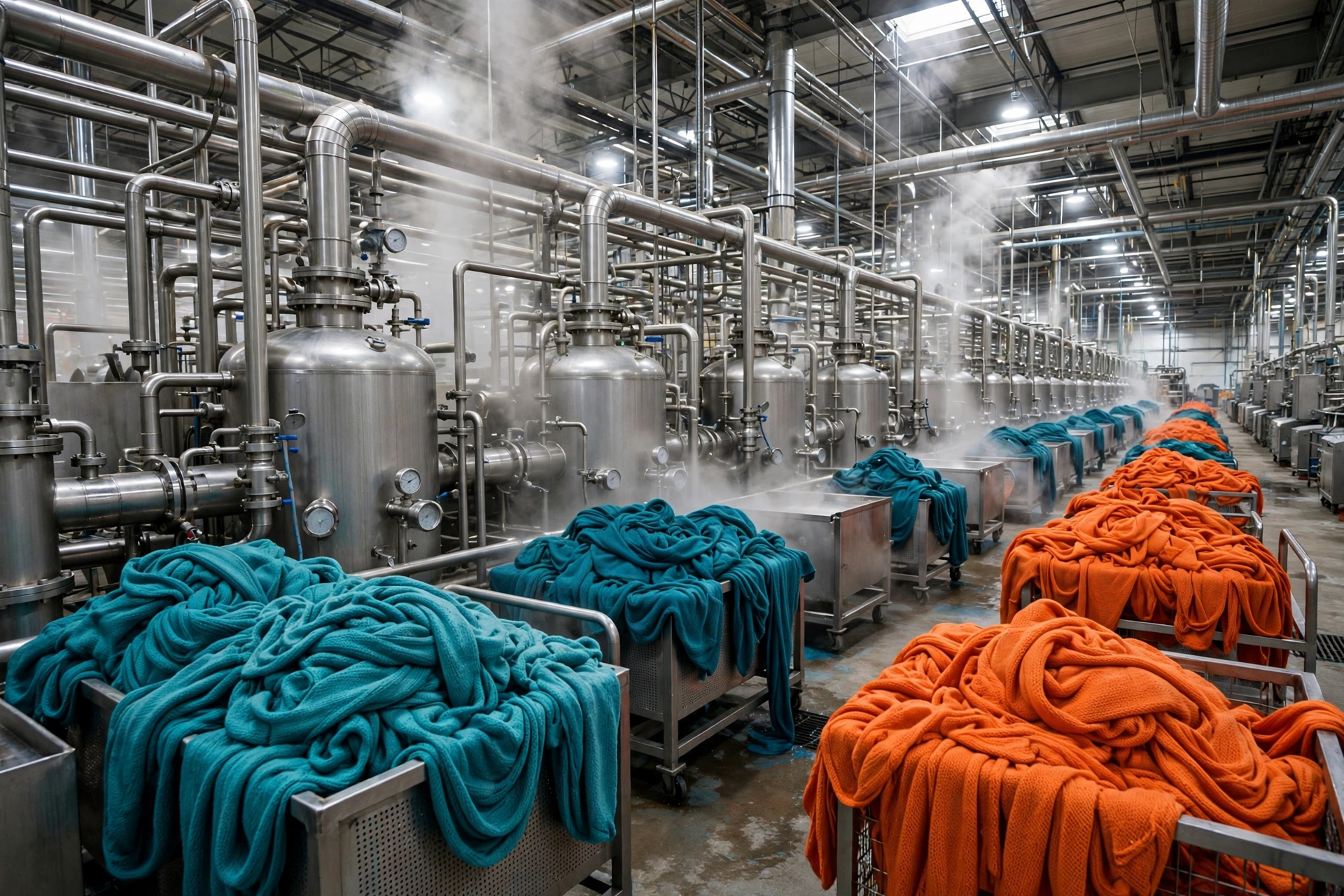Knit fabric dyeing floor with dyeing machines and dyed fabric