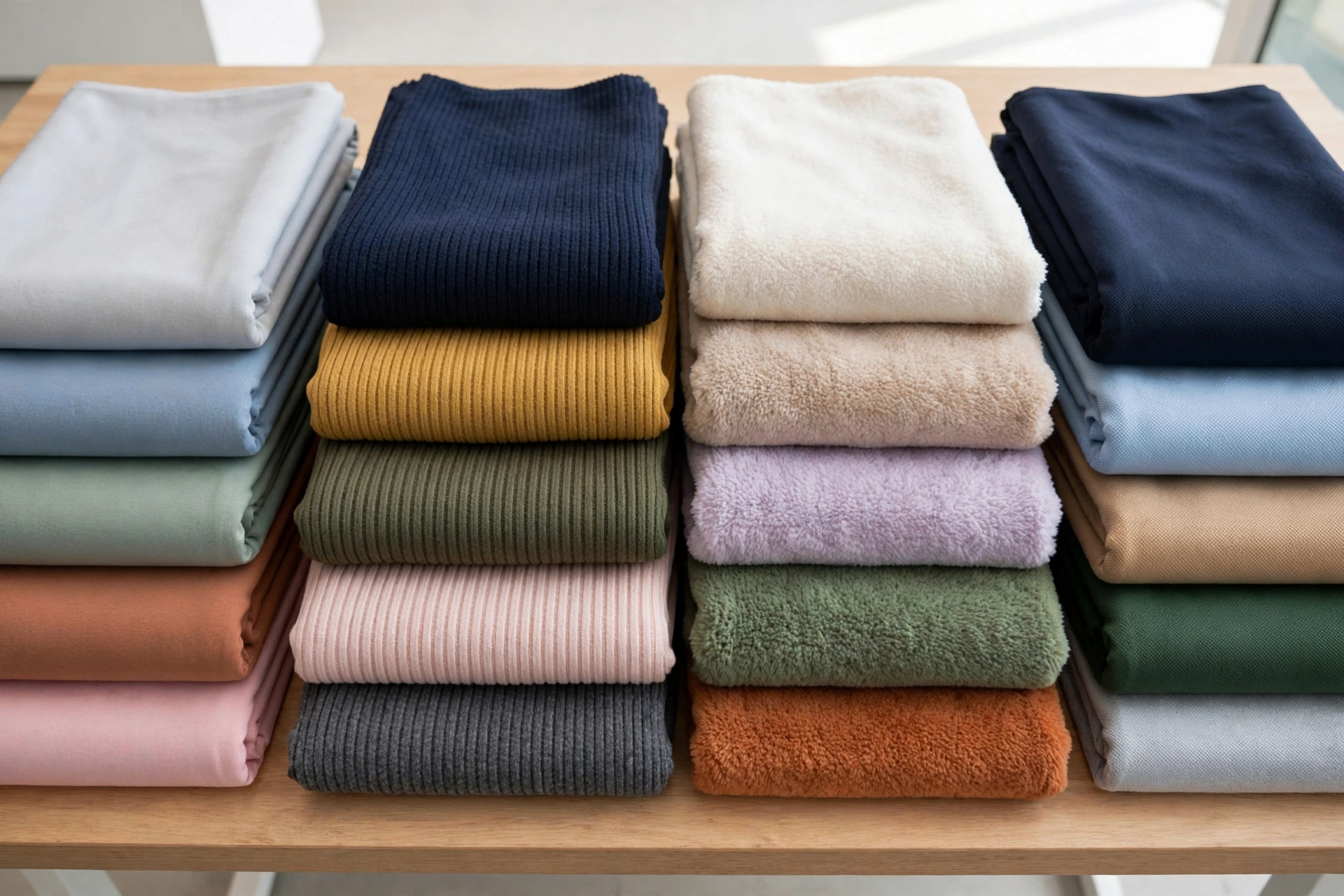Range of knit fabrics — single jersey, rib, fleece and pique