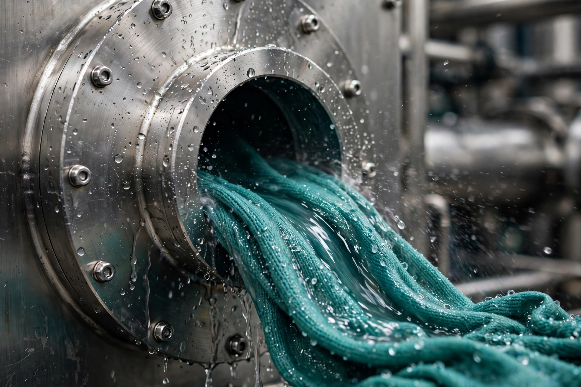 Jet dyeing machine dyeing teal knit fabric