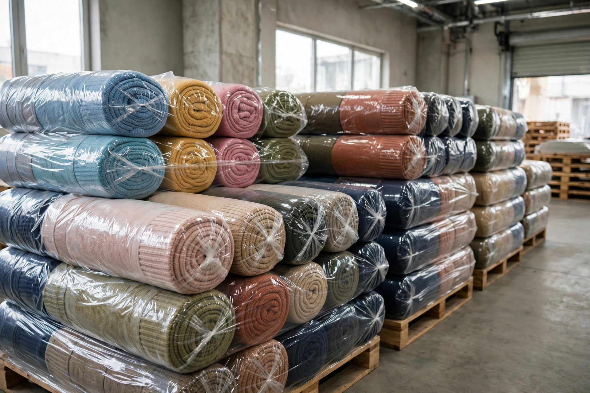 Packed knit fabric rolls ready for dispatch