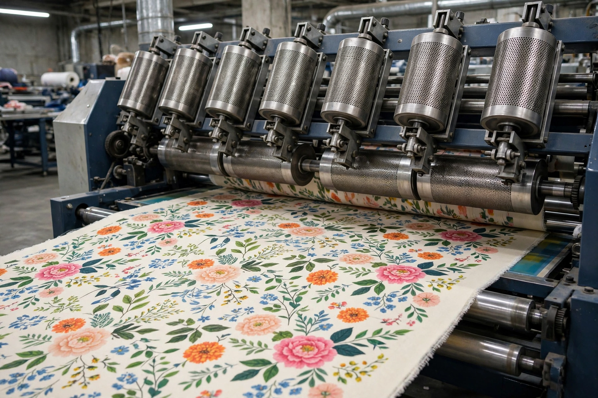 Rotary all-over printing machine printing floral knit fabric